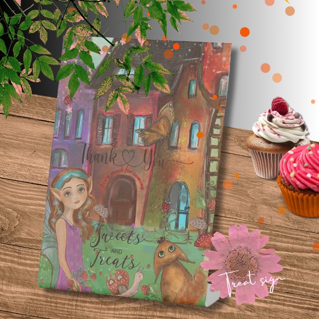 Signe De Table Forêt Magique Fée 1er Anniversaire Douceurs & Trai (Magical Forest Fairy 1st Birthday Sweets & Treat Pedestal Sign)