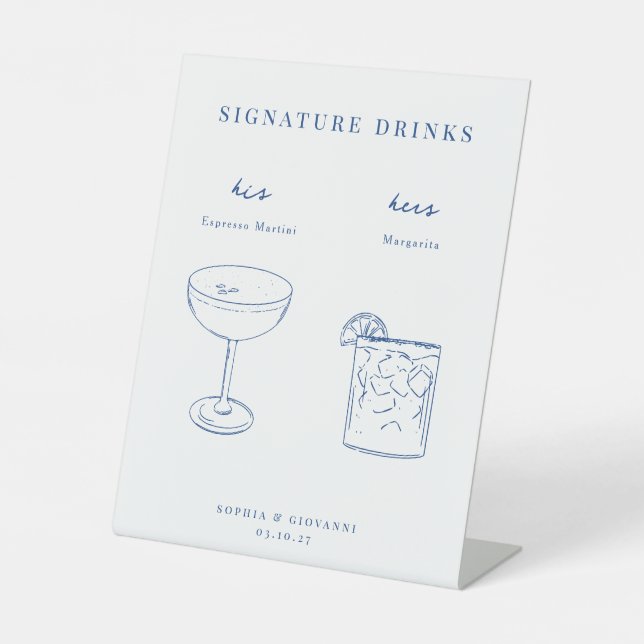Signe De Table Français Blue Minimalist Mariage Signature Boisson (Recto)