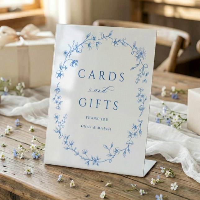 Signe De Table French Toile Blue Cards & Gifts Bridal Shower (Blue and white wildflower cards and gifts sign with vintage French toile design)