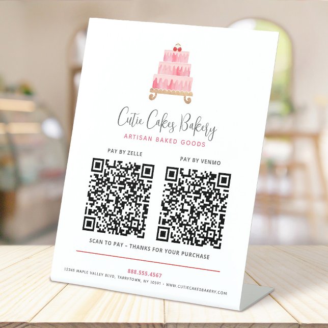 Signe De Table Gâteau rose blush de boulangerie 2 codes QR Payer  (Créateur téléchargé)