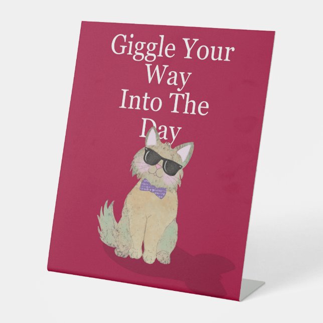 Signe De Table "Giggle" motif de chat avec citation - rouge (Recto)