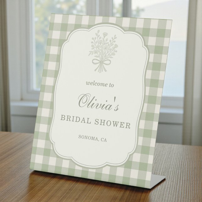 Signe De Table Gingham Floral Bow Bridal Shower Welcome Sign (Créateur téléchargé)