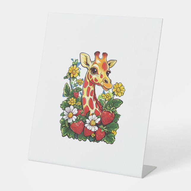 Signe De Table Girafe Fraises et Fleurs Graphique Girafe Mignon (Recto)