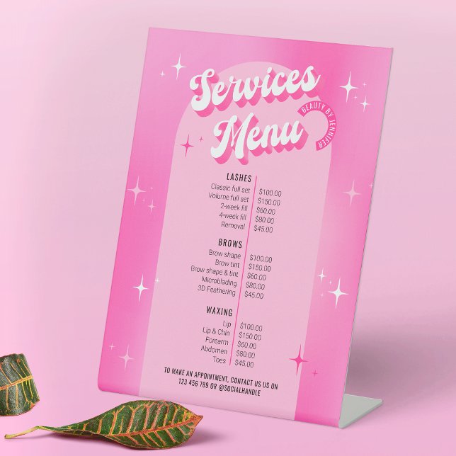 Signe De Table Girly Pink Retro Beauté Spa Lashes Prix Menu (Trendy services pricing menu sign design with retro fonts, groovy style and girly pink aesthetic)