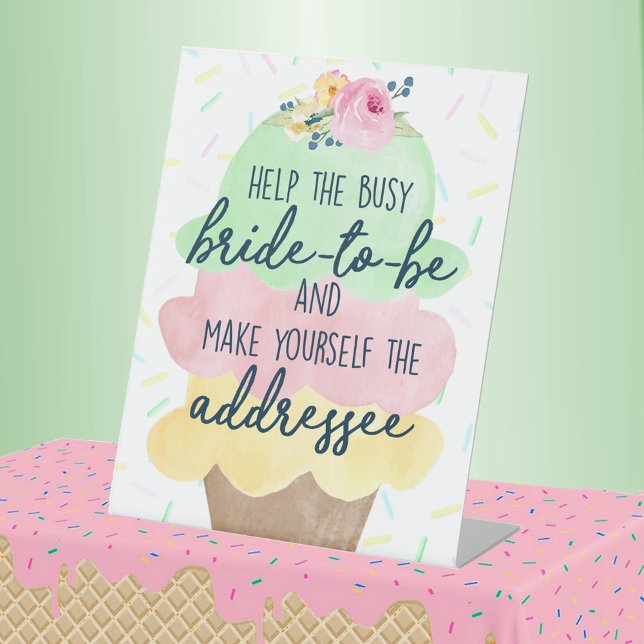 Signe De Table Glace Se Faire La Mariée Destinataire (Bride to Be Addressee Watercolor Ice Cream Bridal Shower Pedestal Table Sign)