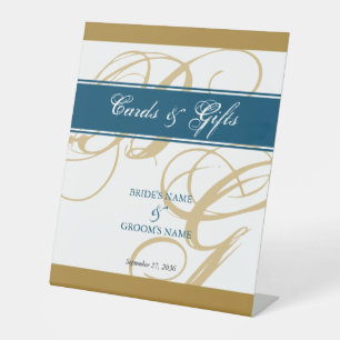 Signe De Table Gold Blue Script Monogramme Cartes de mariage et c