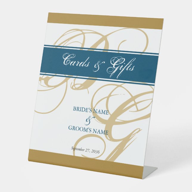 Signe De Table Gold Blue Script Monogramme Cartes de mariage et c (Recto)
