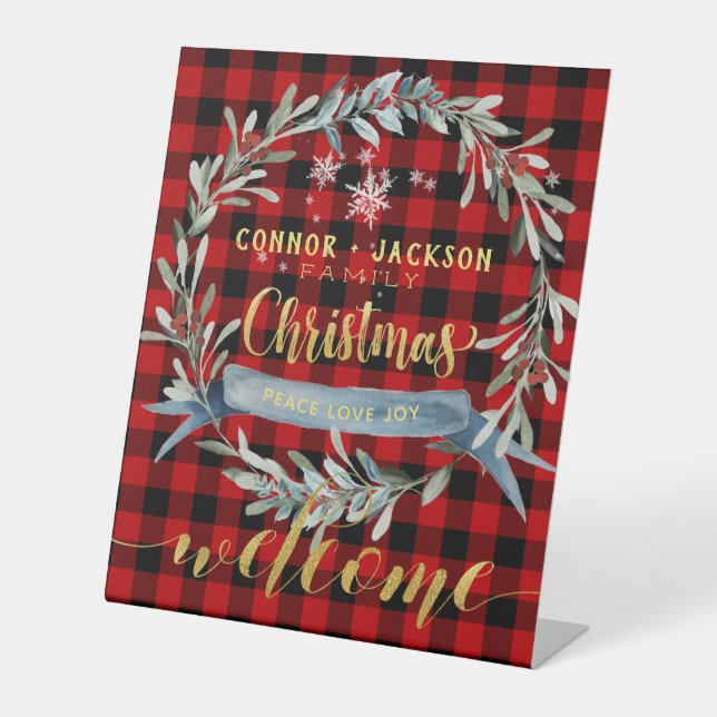 Signe De Table Gold et Red Buffalo Plaid Famille Noël Bienvenue (Recto)