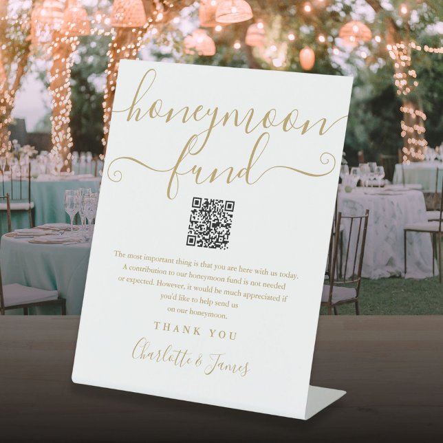 Signe De Table Gold Honeymoon Fund QR Code (Gold Honeymoon Fund QR Code Pedestal Sign)