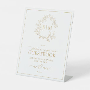Signe De Table Gold Leafy Crest Monogram Mariage Livre d'or