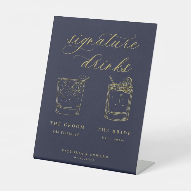 Signe De Table Gold Script Signature Boissons Mariage bleu marine (Recto)