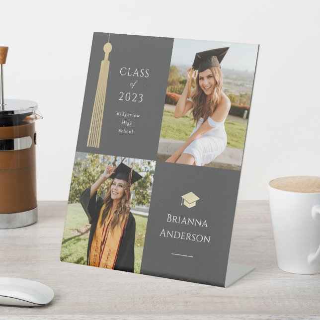 Signe De Table Gold Tassel & Casquette Black 2 Photo Graduation (In SItu)