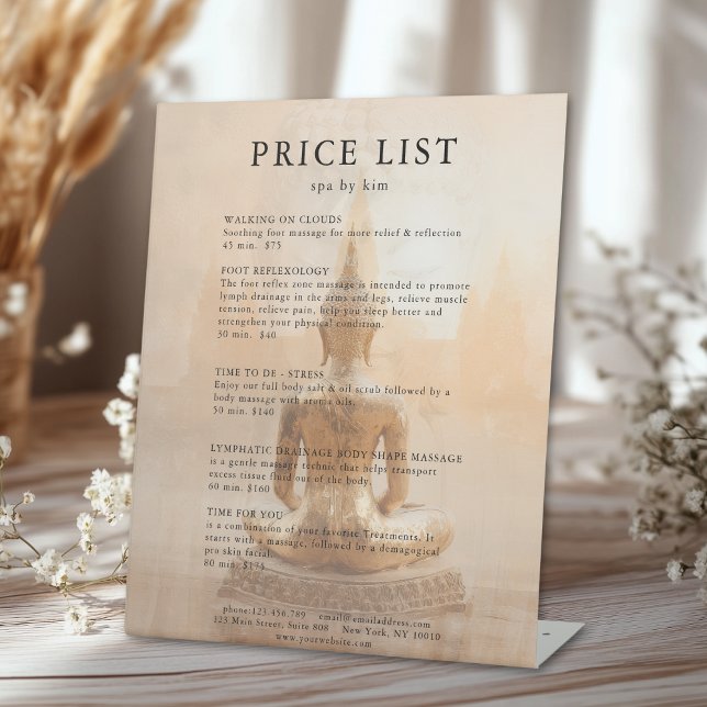 Signe De Table Golden Buddha Salon Price List (Custom Golden Buddha Salon Price List Pedestal Sign)