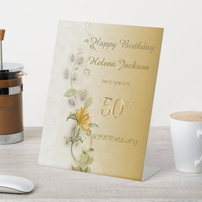 Signe De Table Golden leaves 50th birthday pedestal sign  (In SItu)