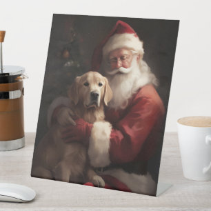 Signe De Table Golden Retriever avec le Père Noël Noël