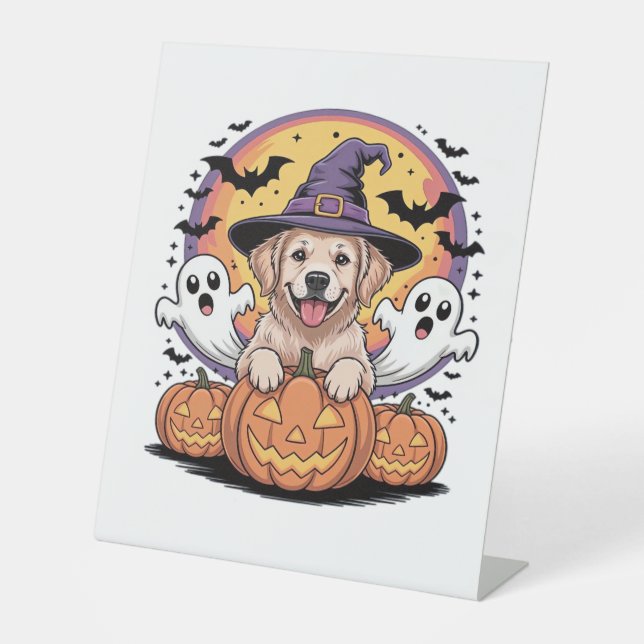 Signe De Table Golden Retriever Halloween Witch Chien classique T (Recto)