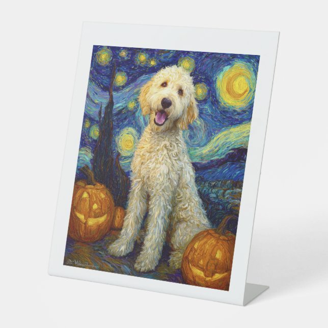 Signe De Table Goldendoodle Chien Mignon Halloween Jack O Lantern (Recto)