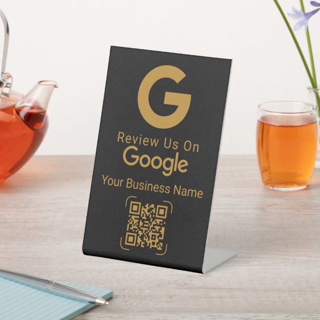 Signe De Table Google Review QR Code Black Gold Pedestal Sign (In SItu)