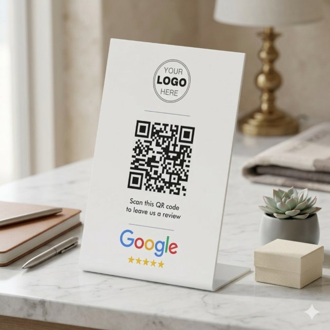 Signe De Table Google Review Simple Minimal QR Code Logo (Minimalist Google Review QR Code Sign | Custom Logo Pedestal Display)