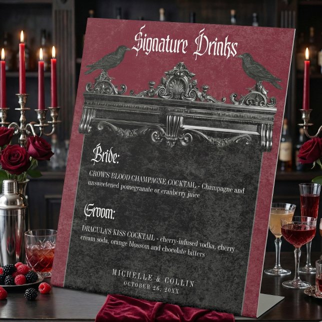 Signe De Table Gothic Black Raven & Roses Burgundy Wedding Drinks (Créateur téléchargé)