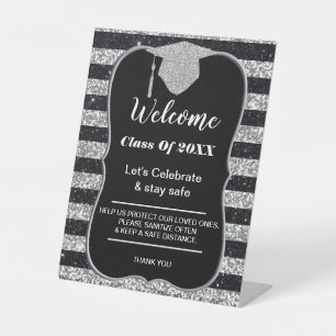 Signe De Table Graduation Silver Black Stripes Sécurité de la fêt