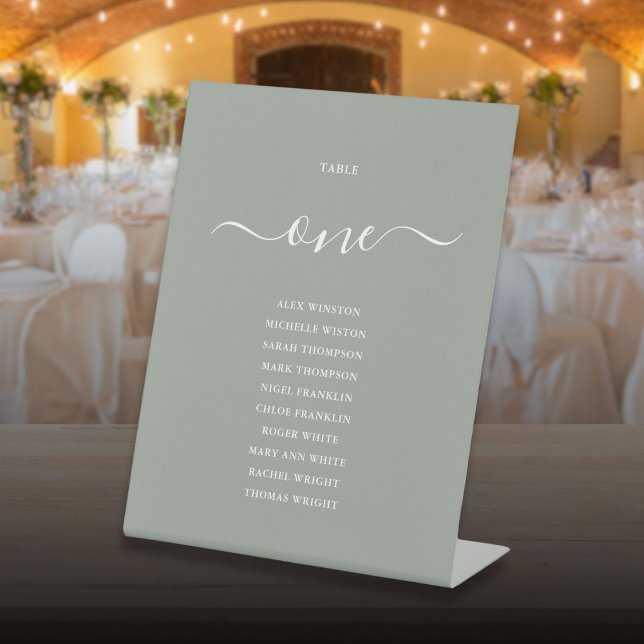 Signe De Table Graphique de table chic vert sauge écriture Table  (Sage Green Chic Script Table Number Seating Chart Pedestal Sign)