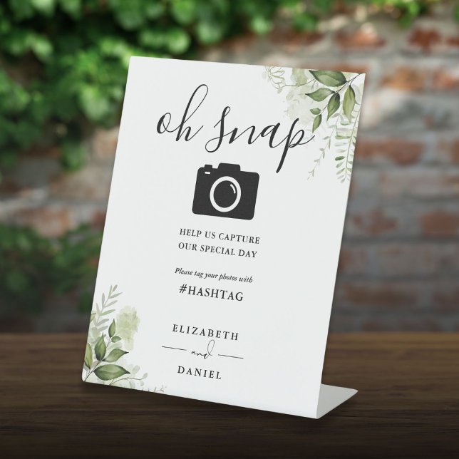 Signe De Table Greenery Floral Script Oh Snap Photo (Greenery Floral Script Oh Snap Photo Pedestal Sign)