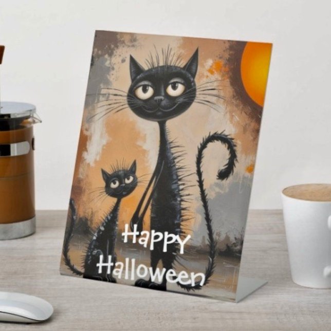 Signe De Table Grosse Chat Petit Chat Halloween (D: 8" x 10" display with 3" pedestal base. Available in 4 sizes Made of 1/16" white plastic.
)