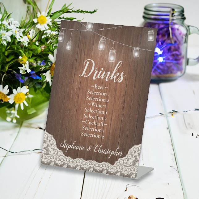 Signe De Table Guirlande Lumineuse Menu Boissons en Bois Rustique (vintage wedding drinks sign)