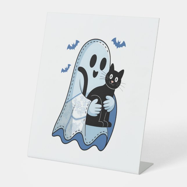 Signe De Table Halloween bleu Denim Ghost et chat (Recto)