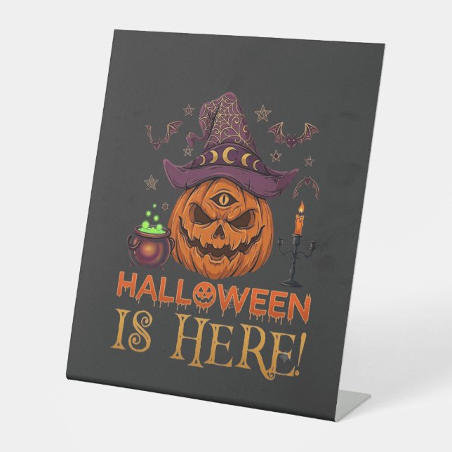 Signe De Table Halloween Est Là Chapeau De Sorcière Citrouille Ch (Recto)