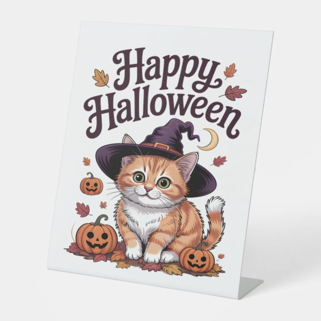 Signe De Table Halloween heureux Citrouille de chat (Recto)