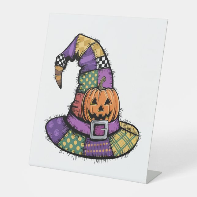 Signe De Table Halloween Patchwork Witch Casquette Éffrayant (Recto)