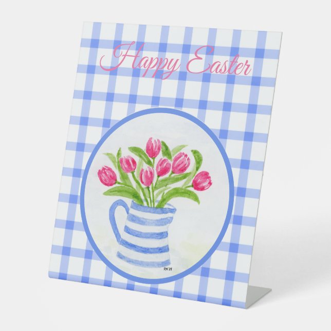Signe De Table Happy Easter Watercolor Tulips Blue Chech (Recto)