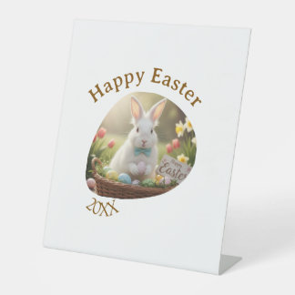Signe De Table Happy Easter white bunny year photo family name