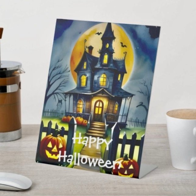 Signe De Table Haunted Hollow & Lune (D: 8" x 10" display with 3" pedestal base. Available in 4 sizes
Made of 1/16" white plastic.)