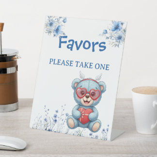 Signe De Table Heart Glasses Teddy Bear Blue Baby Shower 