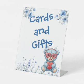 Signe De Table Heart Glasses Teddy Bear Blue Baby Shower 
