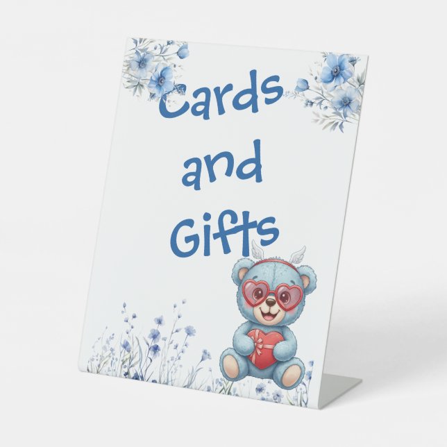 Signe De Table Heart Glasses Teddy Bear Blue Baby Shower  (Recto)