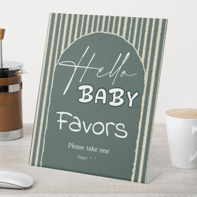 Signe De Table Hello Baby Dark Green Stripes Baby Shower Favors (In SItu)