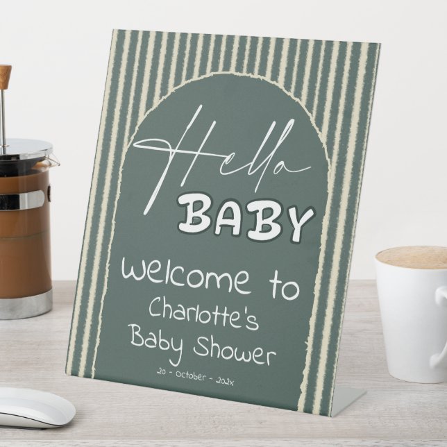 Signe De Table Hello Baby Dark Green Stripes Baby Shower Welcome (In SItu)