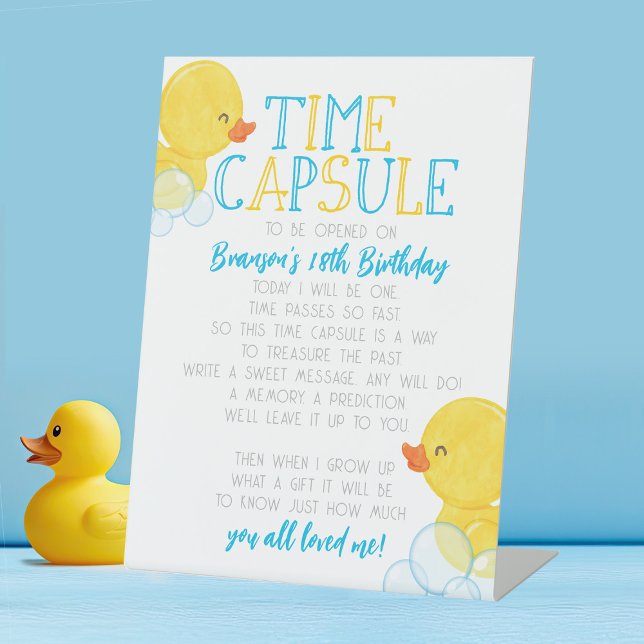 Signe De Table Heure Capsule Canard en caoutchouc 1er fête d'anni (Watercolor Rubber Duck First Birthday Time Capsule Party Pedestal Sign)