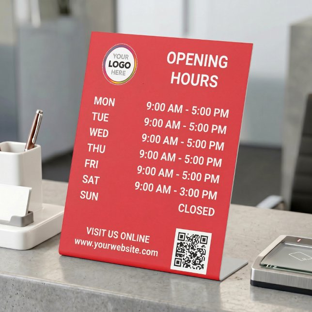 Signe De Table Heures d'ouverture du magasin avec logo + code QR  (Créateur téléchargé)