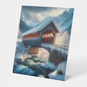 Signe De Table Hiver, pont enneigé et rivière