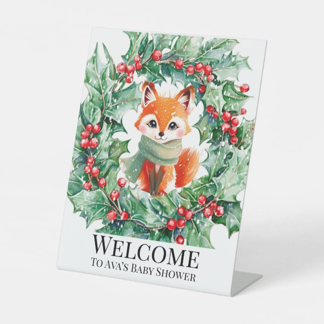 Signe De Table Hiver Red Fox Green Berries Baby shower Bienvenue (Recto)