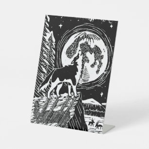 Signe De Table Husky Howling noir et blanc à Night Linocut