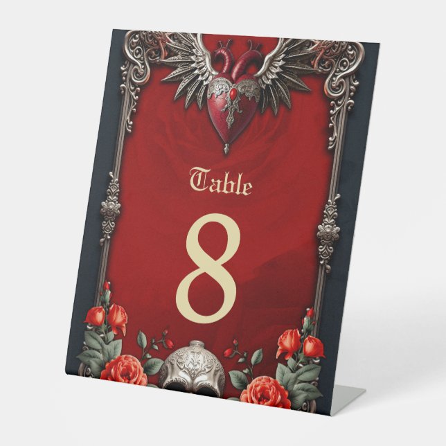 Signe De Table Icône gothique romantique : coeur, rose, crâne. (Recto)