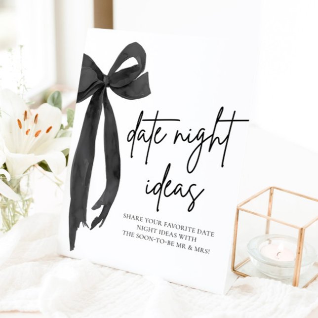 Signe De Table Idées de soirée romantique avec un nœud noir moder (Modern Black Bow Bridal Date Night Ideas Game Sign)