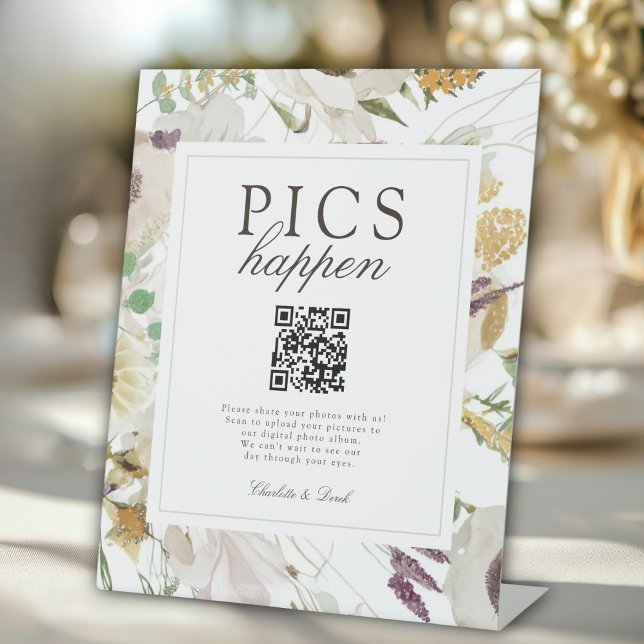Signe De Table IL Y A DES INCIDENTS ! Galerie de codes QR de mari (PICS HAPPEN! Modern Spring Wedding Gallery Pedestal Sign)