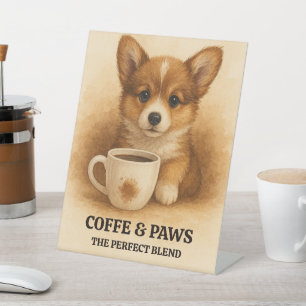 Signe De Table Illustration aquarelle de chiot avec tasse de café